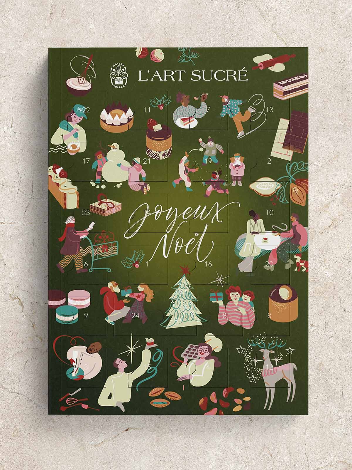 grüner Adventskalender mit Weihnachts-motiven