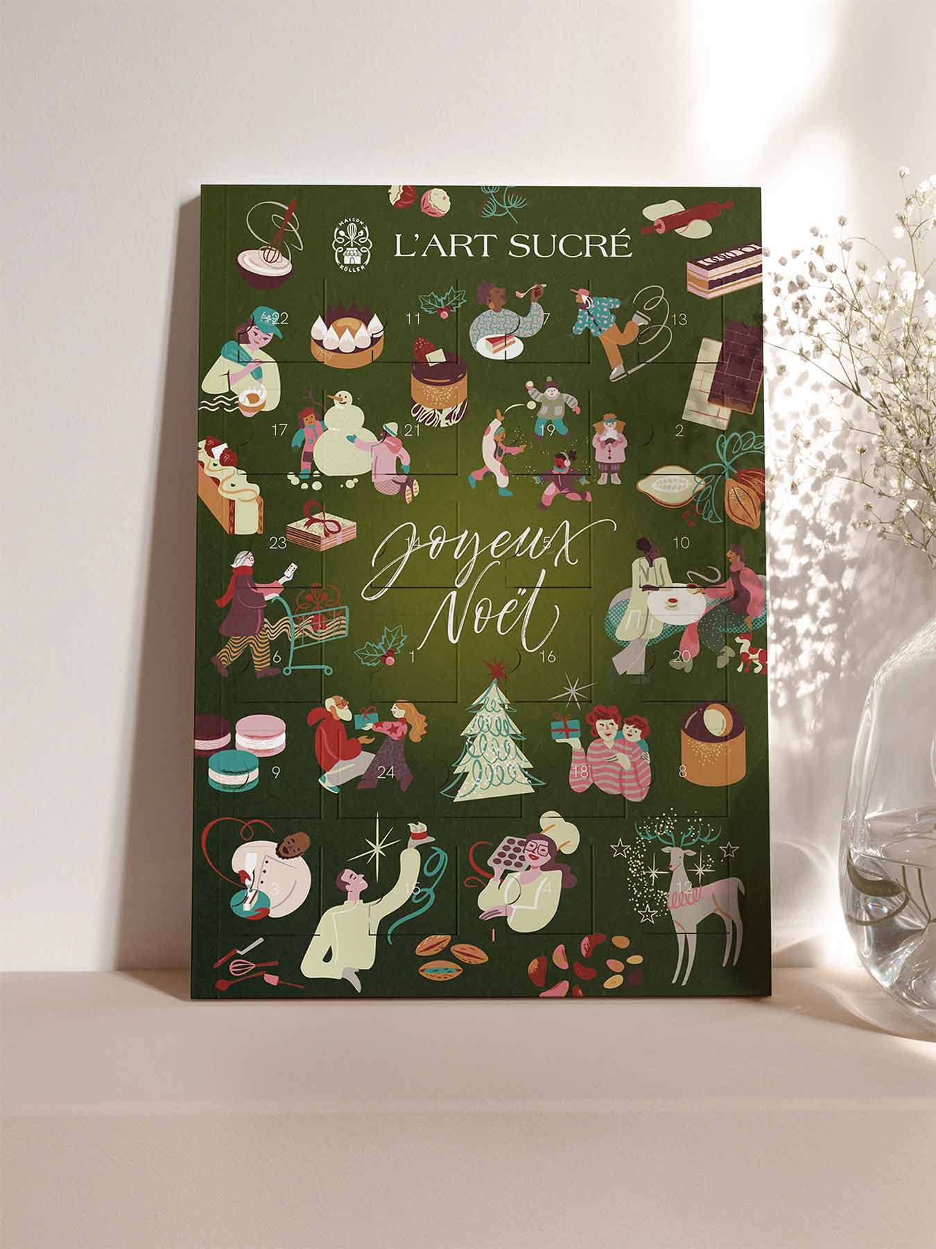 grüner Adventskalender mit Weihnachts-motiven